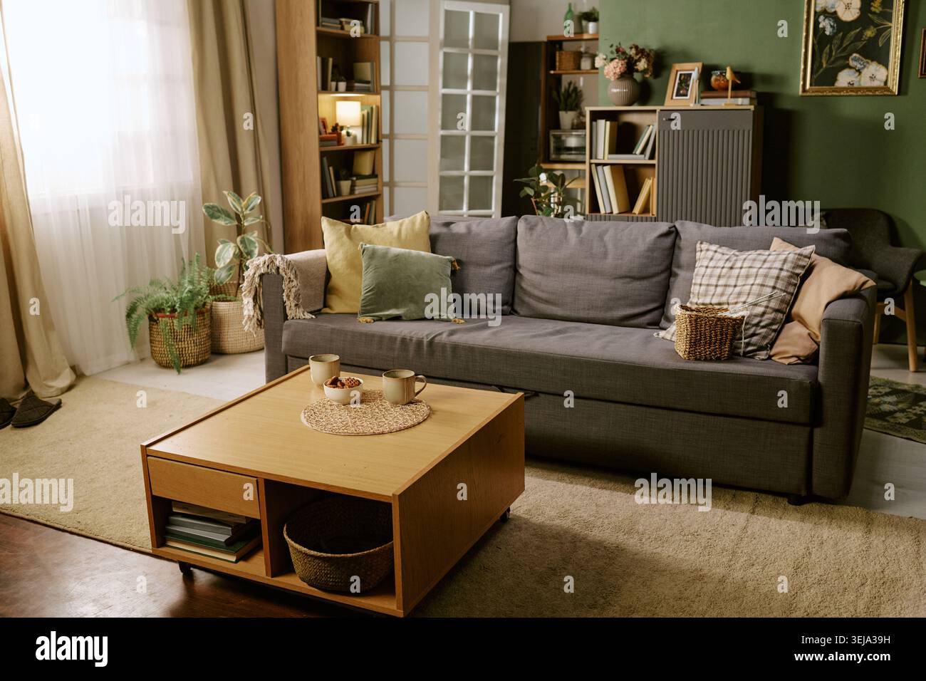 Modernes Wohnzimmer Mit Gemütlichem Home-Staging Stockfoto