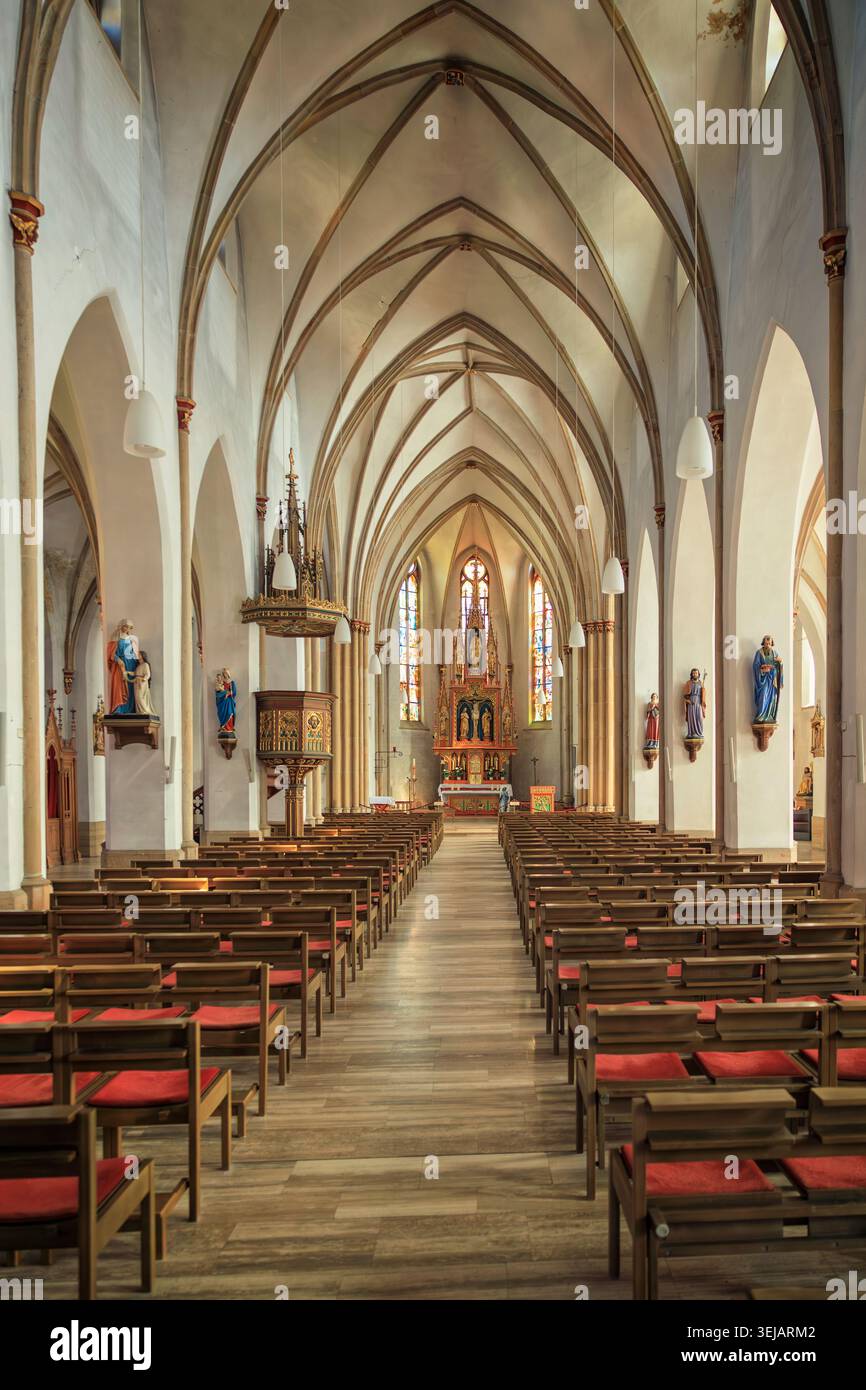 Neustadt an der Weinstraße, Deutschland - 10.08.2023: Kunstvolles Domschiff mit Rippengewölben, rot gepolsterten Bänken und religiösen Statuen Stockfoto