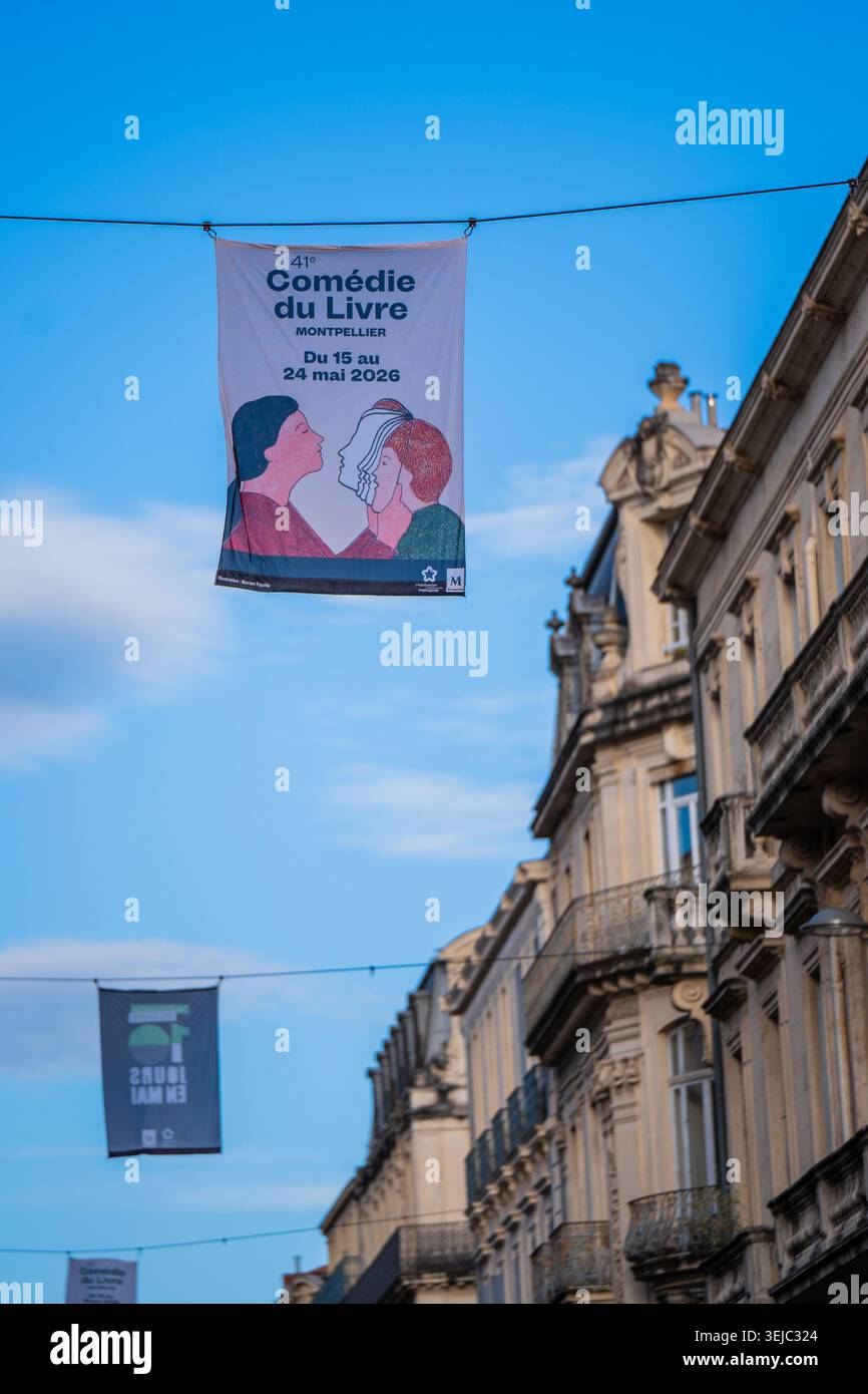 Comedie du Livre Festival Schild in Montpellier, Frankreich Stockfoto