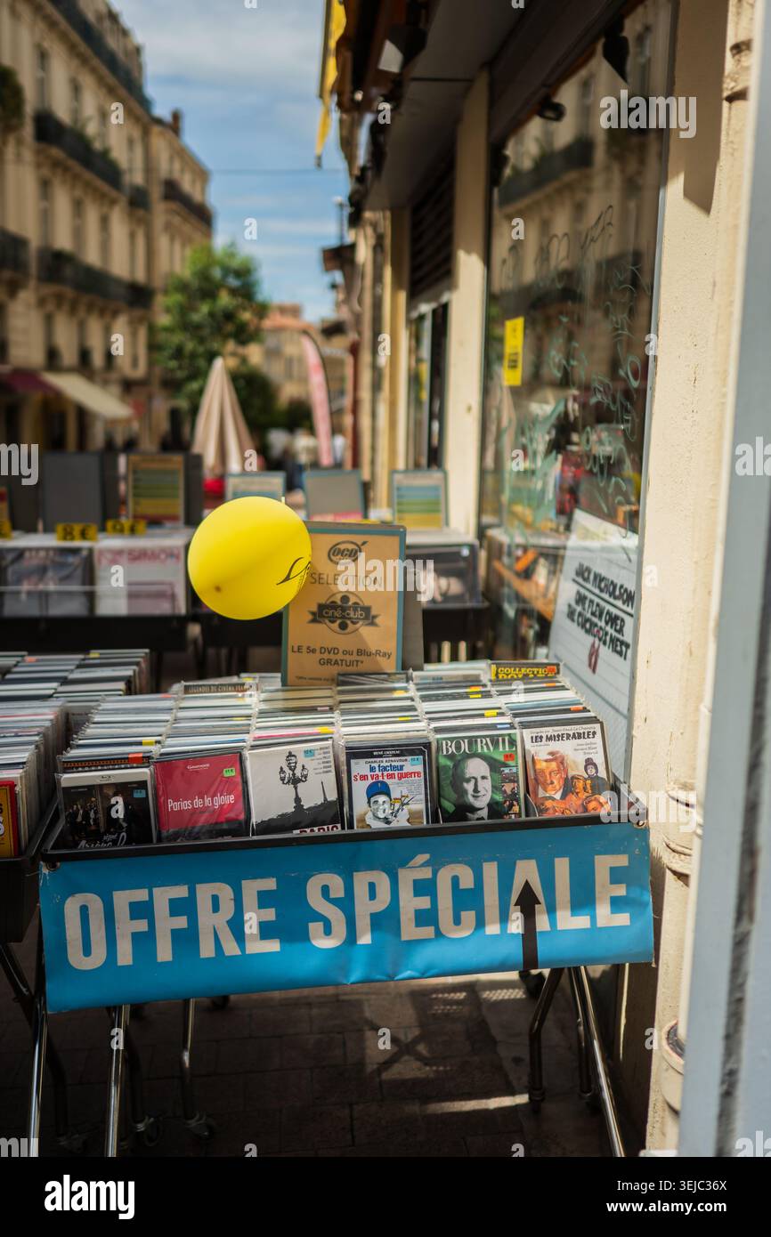 O´CD Store spezialisiert auf Second-Hand-Musik (Vinyl und CDs), Filme (DVDs) und Videospiele, Montpellier, Frankreich Stockfoto