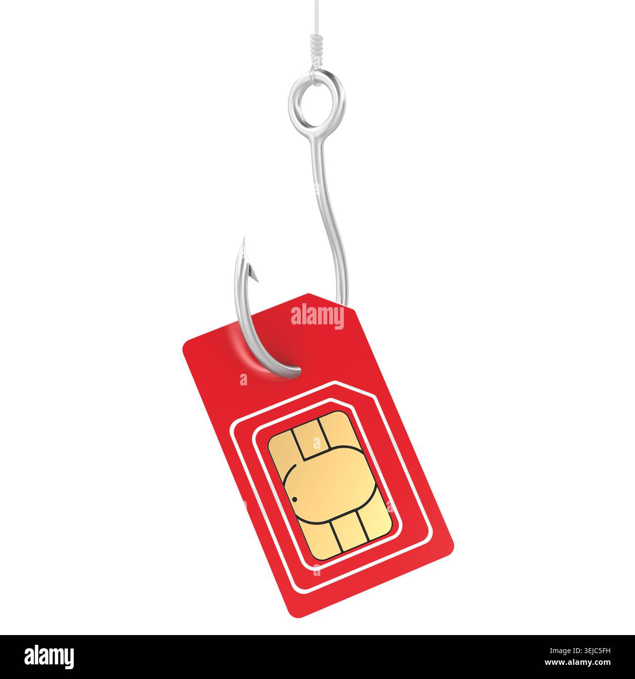 Phishing-Betrug mit SIM-Karte auf Angelhaken. 3D-Rendering isoliert auf weißem Hintergrund Stockfoto