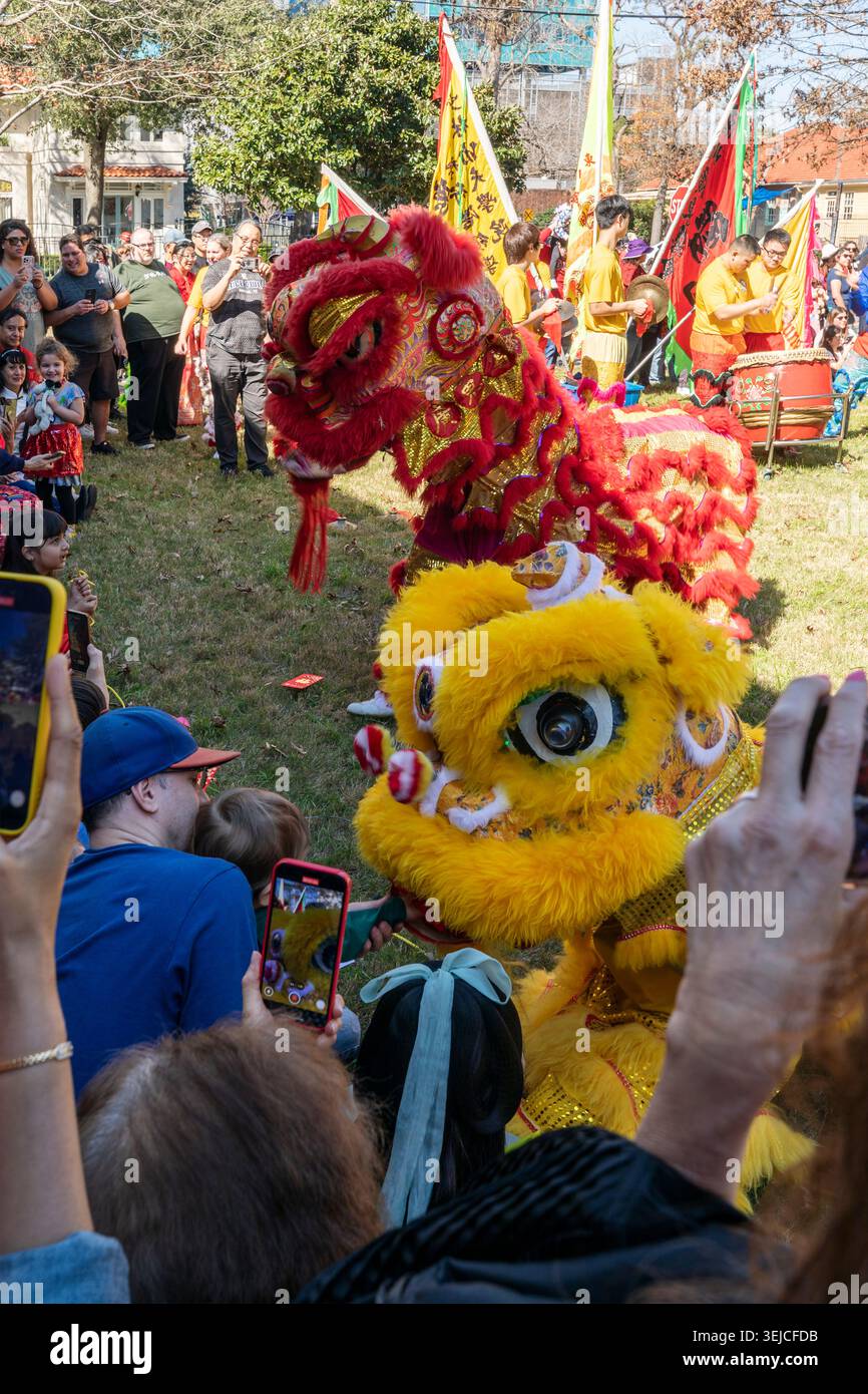 Nahaufnahme der Roten und Gelben Löwen Dance Heads beim Houston Lunar New Year Festival mit Publikumsfotos Stockfoto
