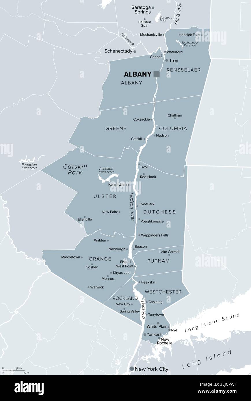 Hudson River Valley, US-Bundesstaat New York, graue politische Karte, die sich vom Hauptstadtbezirk einschließlich Albany und Troy südlich bis Yonkers erstreckt. Stockfoto