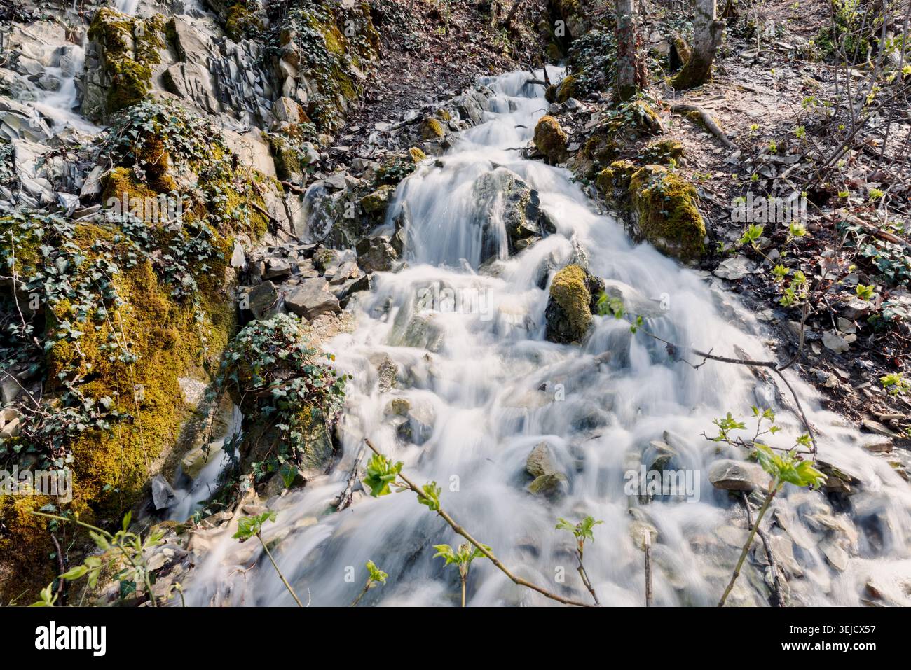 Kaskadenwasserfall fällt auf Felsen im sonnigen Wald, lange Exposition Stockfoto
