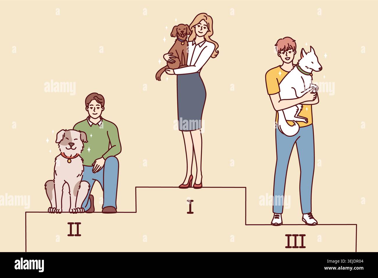 Menschen mit Hunden stehen auf dem Sockel Stockfoto
