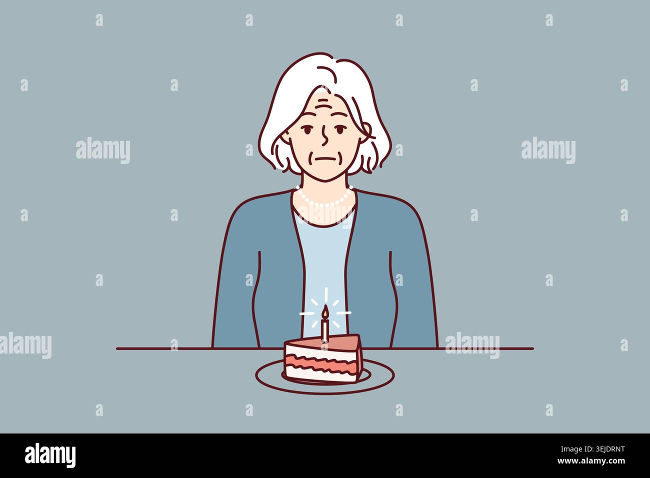 Ältere Frau sitzt mit einem Stück Kuchen am Tisch und leidet an der Abwesenheit von Verwandten. Vektorbild Stockfoto