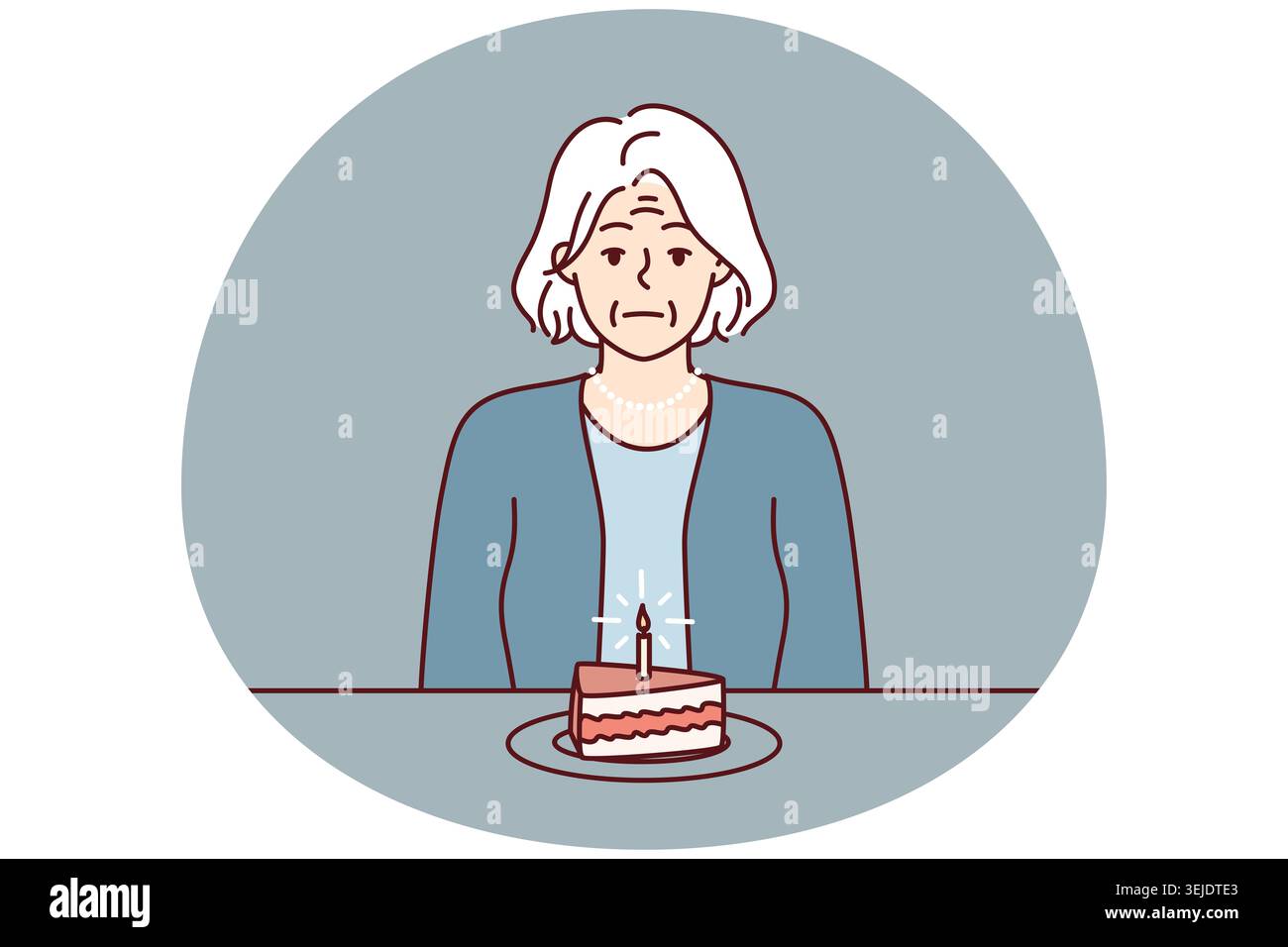 Ältere Frau sitzt mit einem Stück Kuchen am Tisch und leidet an der Abwesenheit von Verwandten. Vektorbild Stockfoto