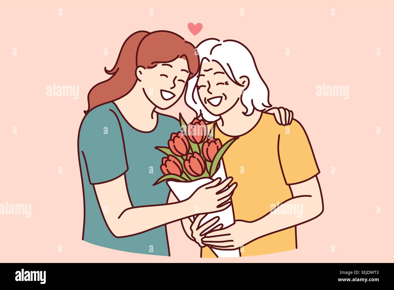 Frau umarmt ältere Mutter und gibt Blumenstrauß zum Geburtstag oder Muttertag Stockfoto