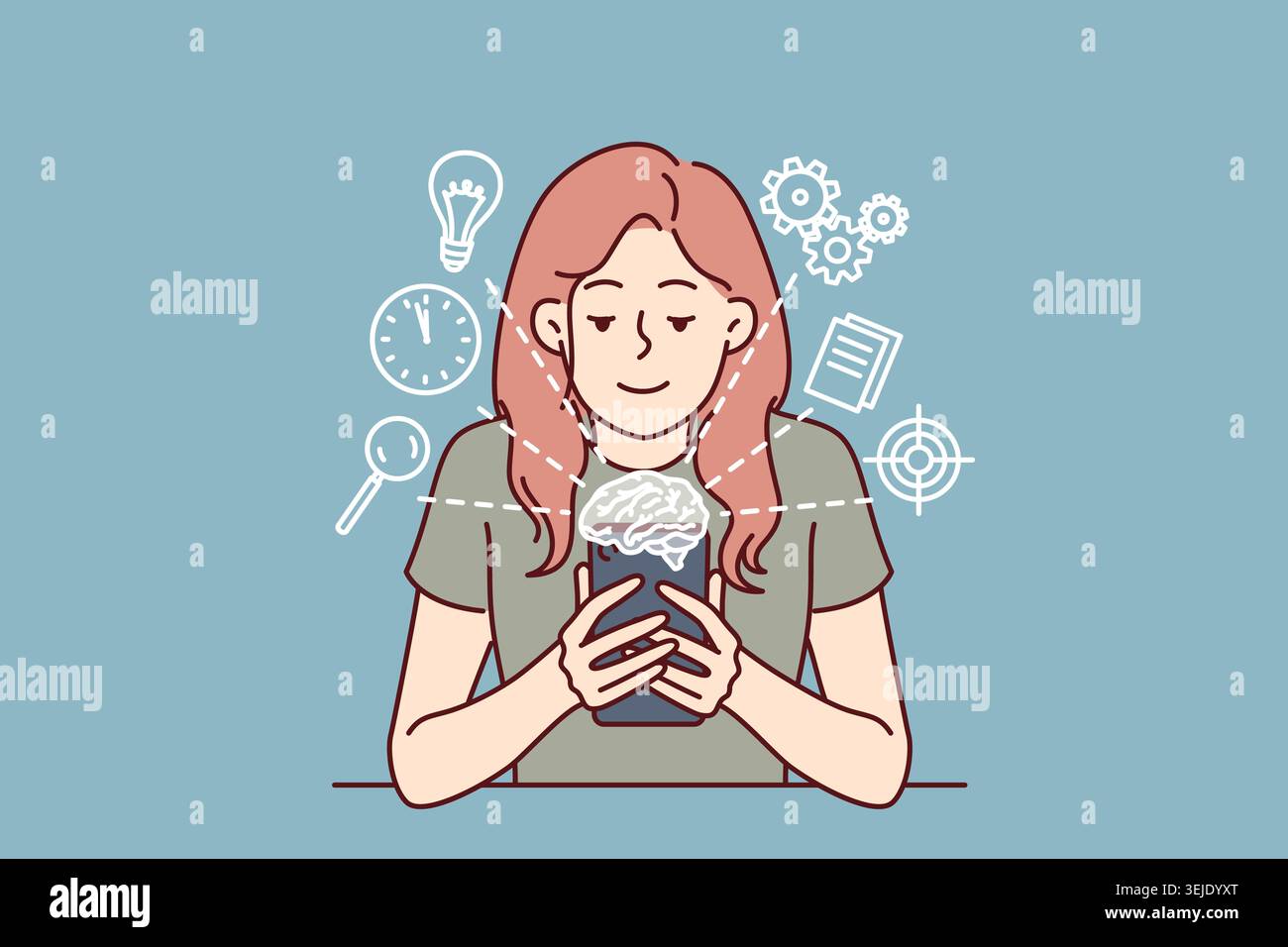 Frau mit Mobiltelefon verwendet Apps für künstliche Intelligenz, um professionelle Aufgaben zu planen oder zu erledigen Stockfoto