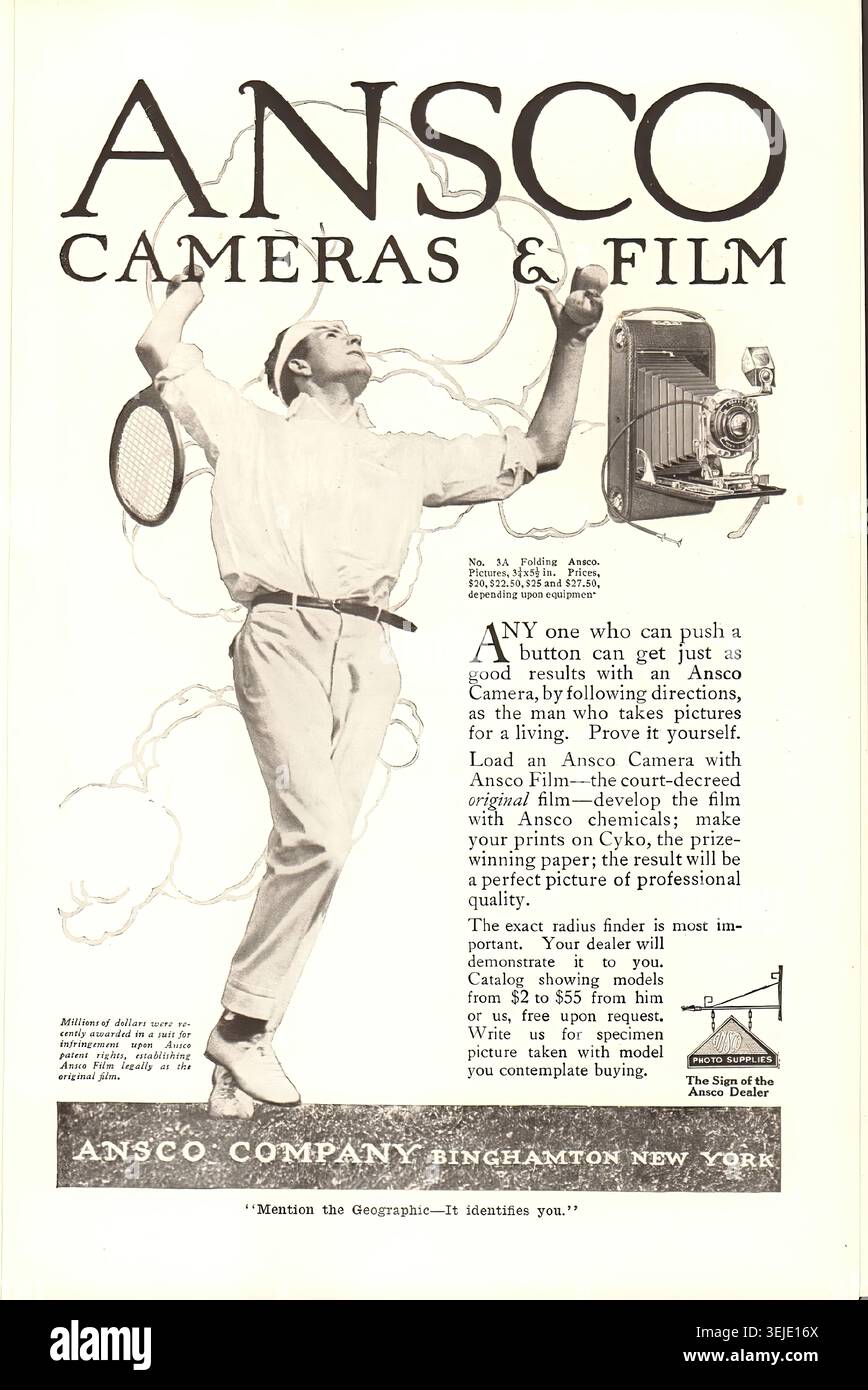 1915 Ansco Kamera- und Filmwerbung National Geographic Juni 1915 - Vintage US-Pressewerbung Stockfoto