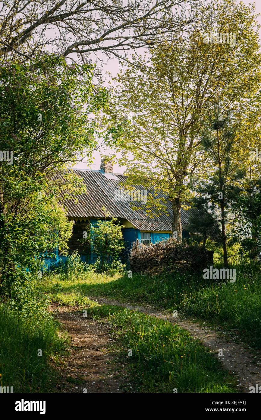 Altes Holzhaus an einer Landstraße in Weißrussland Stockfoto