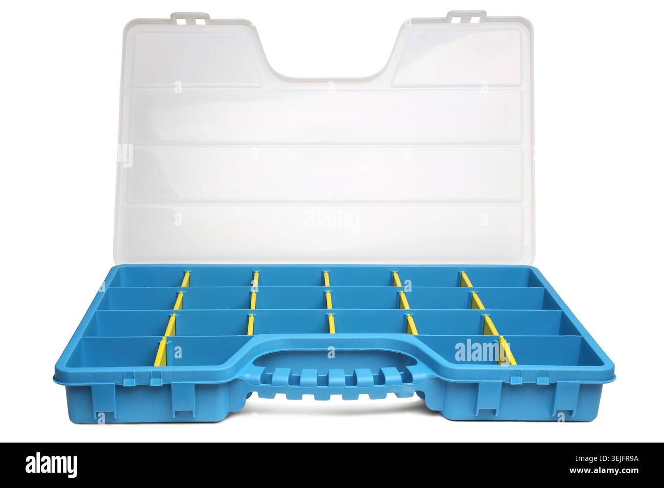 Kunststoffbox Organizer für Schrauben, Bolzen, Dübel und einige Werkzeuge auf weißem Hintergrund Stockfoto