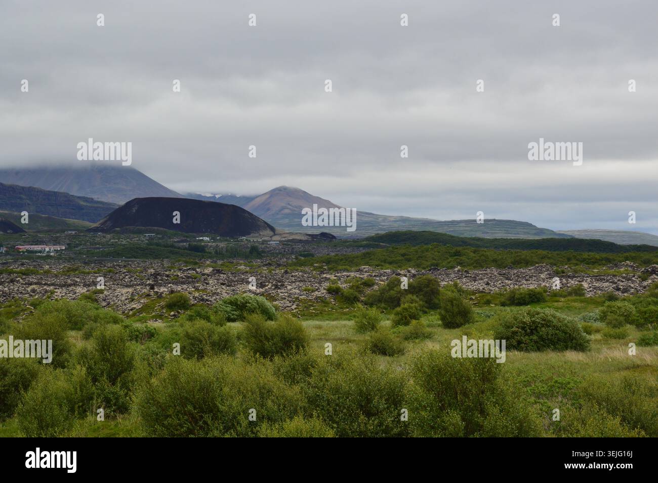 Ein Fernblick auf einen schwarzen vulkanischen Kegelkrater und Berge unter niedrigen bewölkten Wolken über grüne Strauchebenen in Island. Stockfoto
