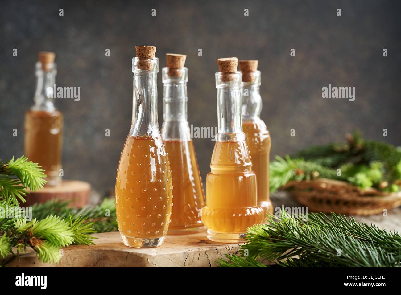 Hausgemachter Kräutersirup mit jungen rohen Fichtenspitzen, die im Frühjahr geerntet werden, und Zucker Stockfoto
