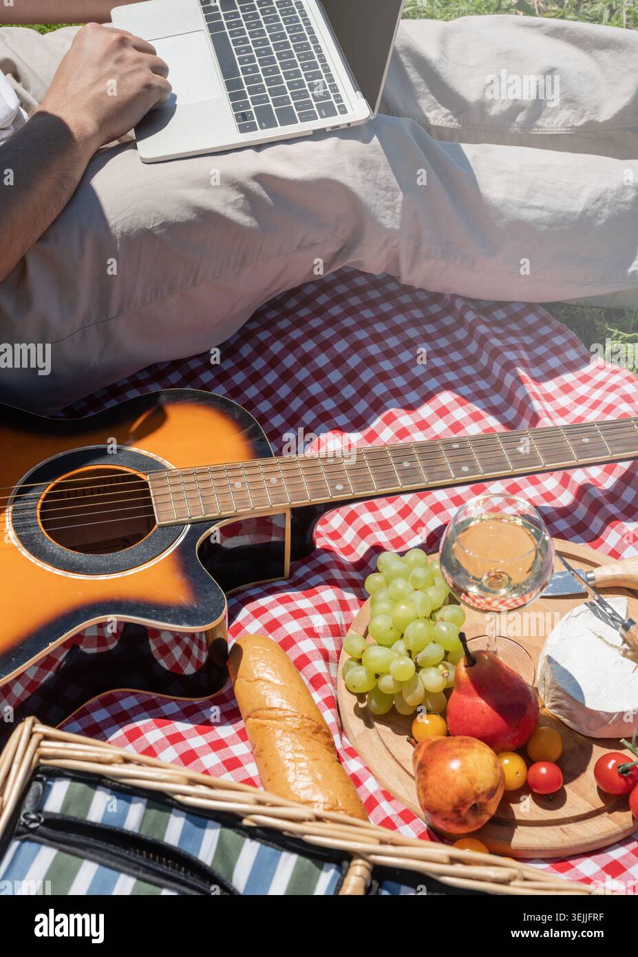 Unerkennbarer Mann in weißer Hose draußen, der Picknick macht und Laptop benutzt, draußen arbeitet Stockfoto