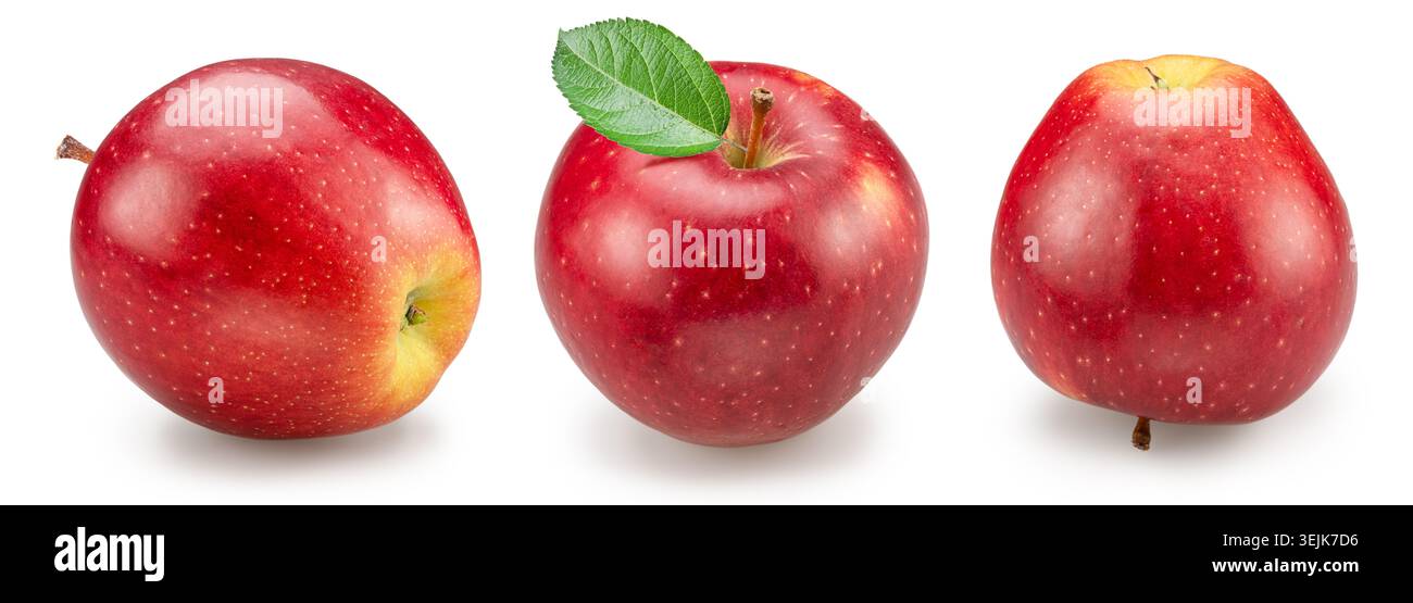 Set aus drei Reifen roten Äpfeln in verschiedenen Aufnahmewinkeln auf weißem Hintergrund. Datei enthält Beschneidungspfade. Stockfoto