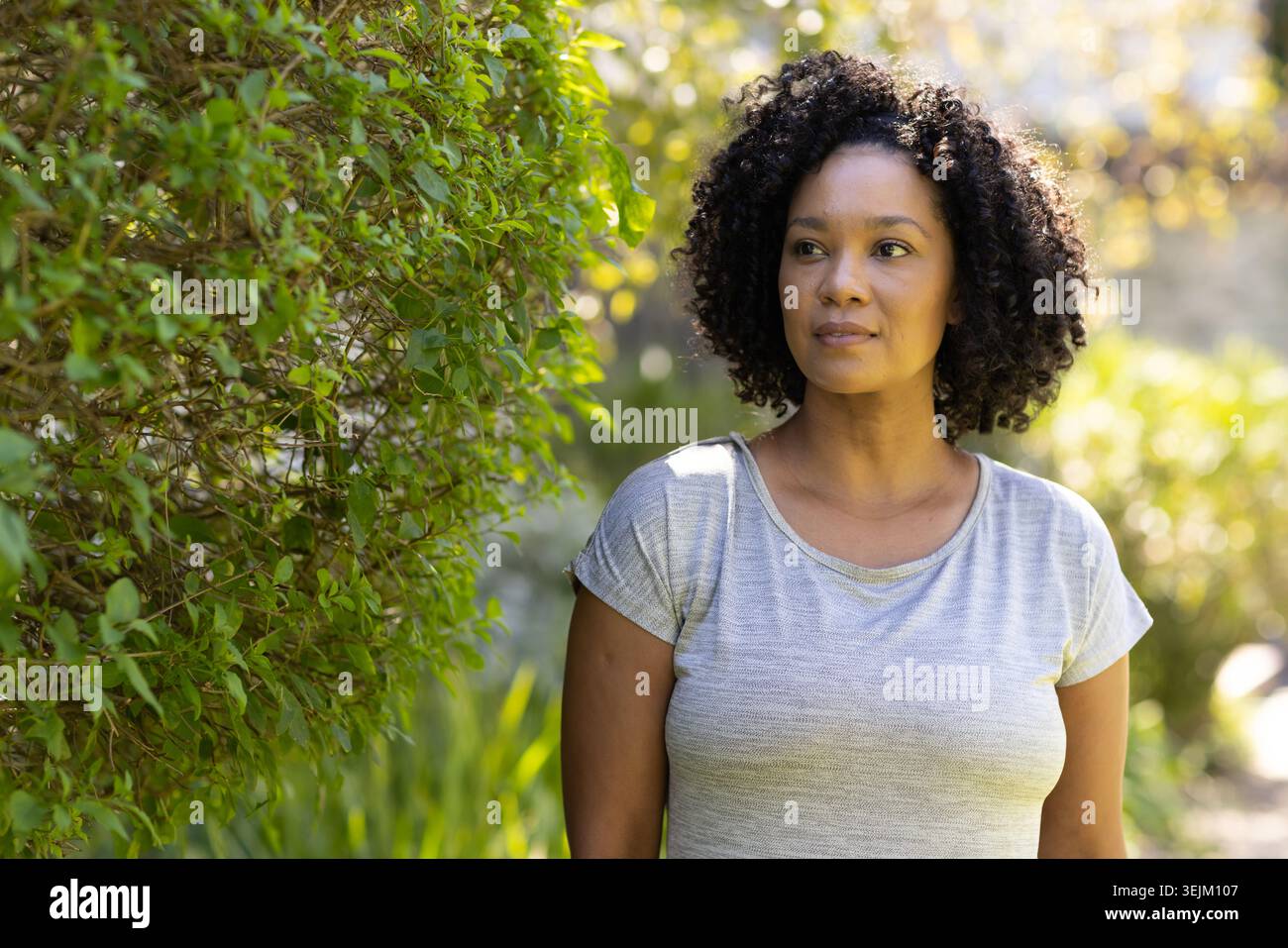 Afroamerikanerin, die neben einer dichten grünen Hecke im sonnendurchfluteten Garten steht und ein graues T-Shirt trägt Stockfoto