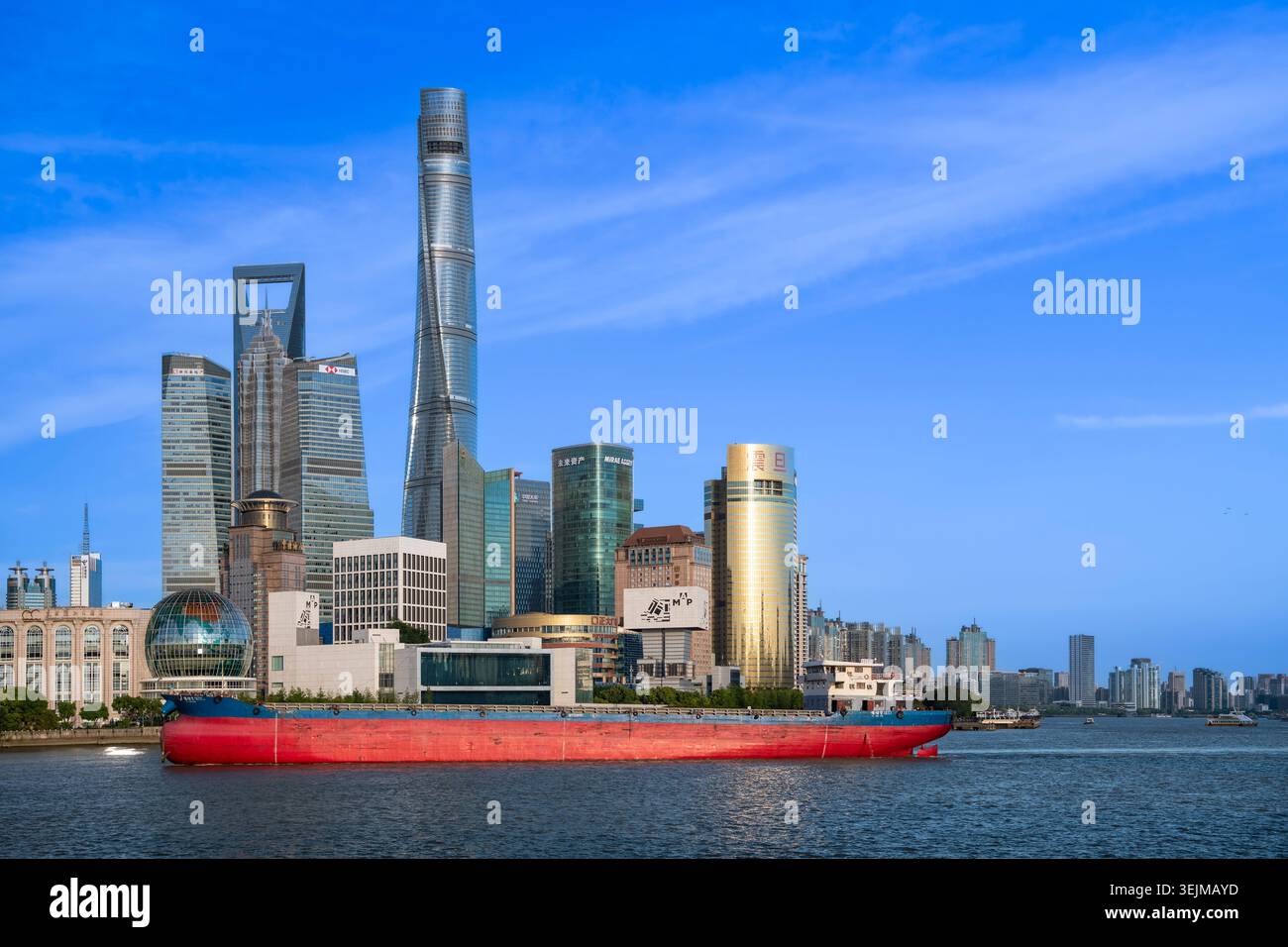 Skyline, Wolkenkratzer, Perlturm, Shanghai Tower, Shanghai World Financial Centre, Abendlicht, Shanghai, Volksrepublik o Stockfoto