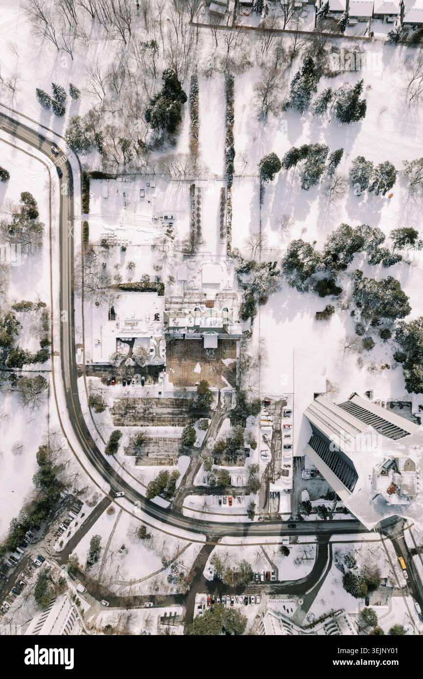Ruhiger, schneebedeckter Vorort mit eiskalten Bäumen und geparkten Fahrzeugen Stockfoto