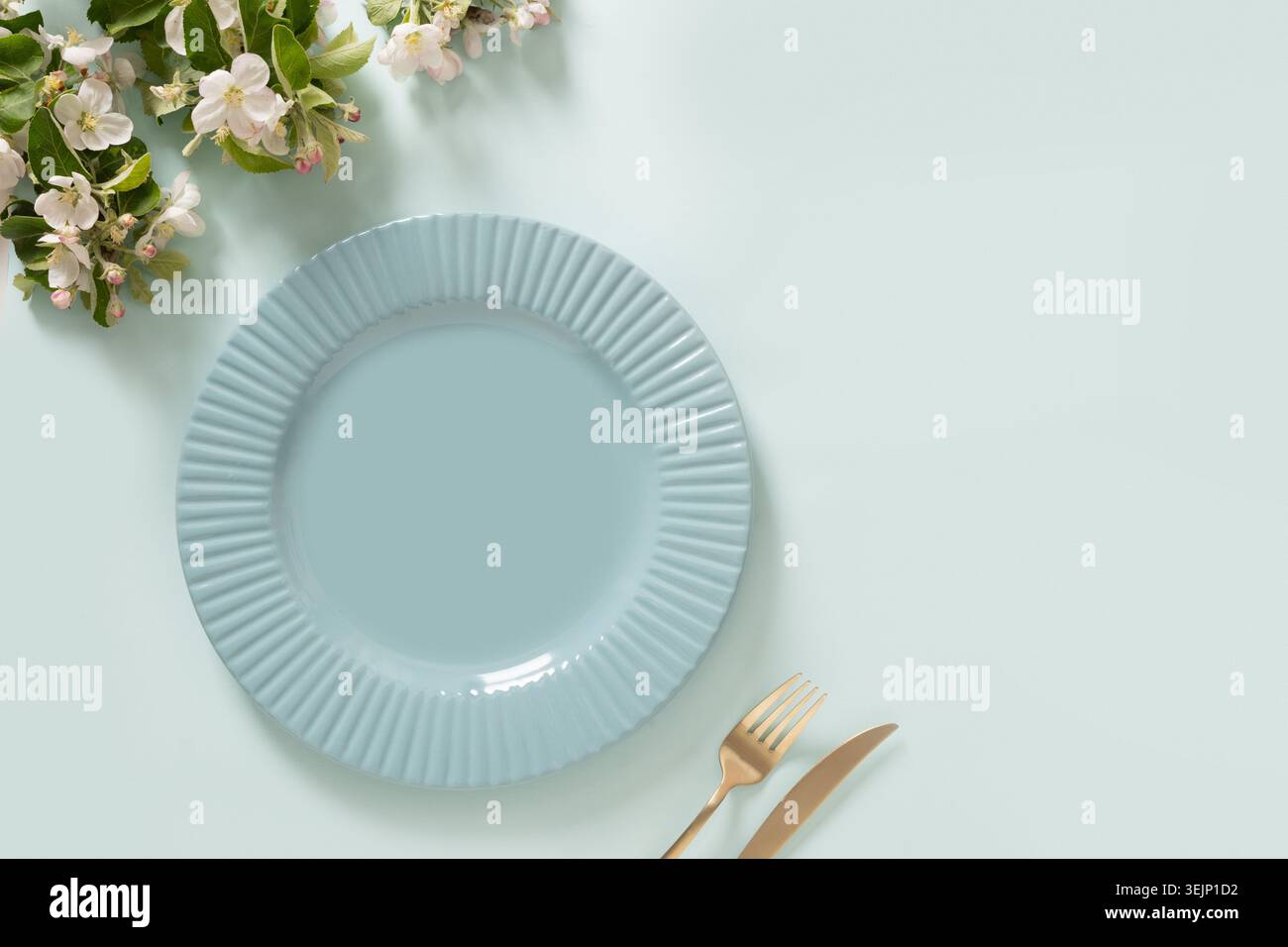 Elegante leere blaue Platte auf blauem Hintergrund. Mock-Up. Stockfoto