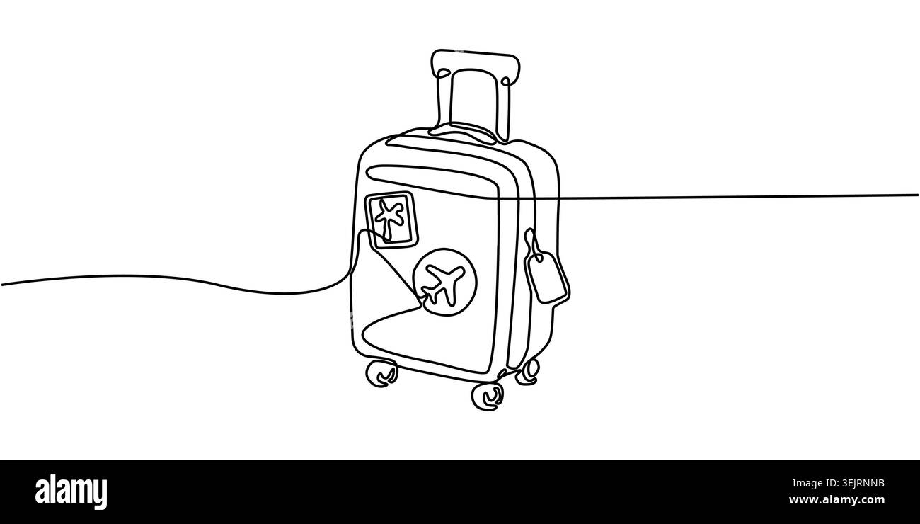 Minimalistische einzeilige Zeichnung eines Reisekoffers mit Aufklebern Stock Vektor