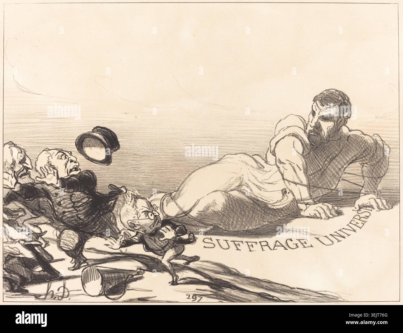 Une panique de Lilliputiens, 1851. ...Qui ont Essayé de garotter le Suffrage Universel Anhänger Son Sommeil. (Panik der Lilliputianer, die versucht hatten, das allgemeine Wahlrecht im Schlaf zu errichten.) Ein Hinweis auf "Gullivers Reisen". Stockfoto