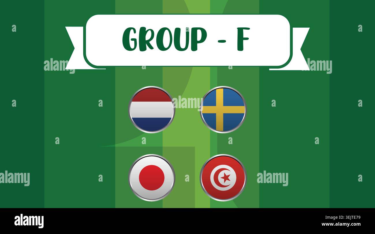 Teilnehmer der Gruppe f mit Flaggen der niederlande schweden japan und tunesien in Rundschildern. Stock Vektor