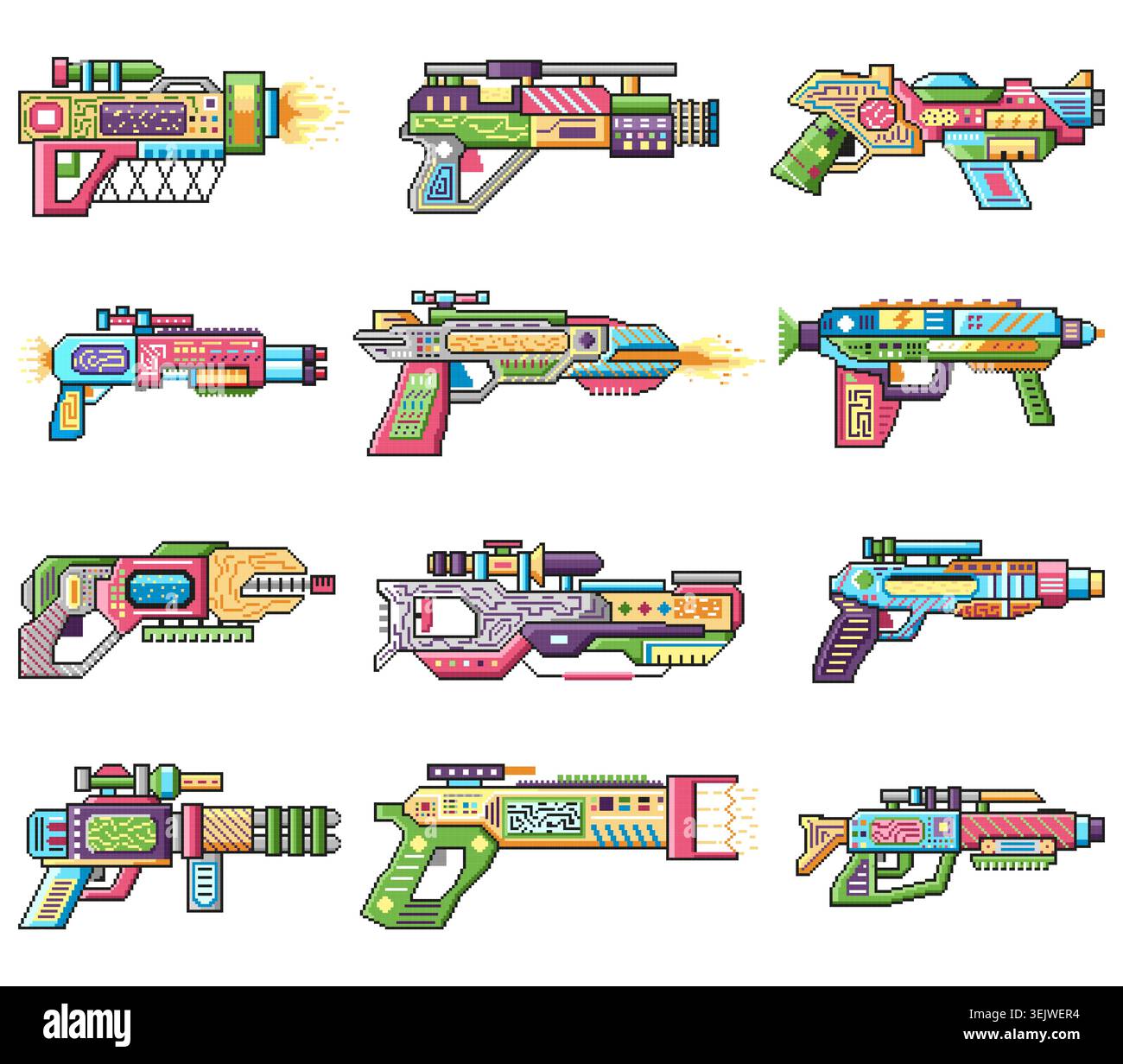 Buntes Pixel-Art-Sci-fi-Waffenset, futuristische Laserpistolen und Retro-Space-Blaster. Vektorabbildung. Jedes Quadrat hat eine Größe von 10x10 Pixeln Stock Vektor