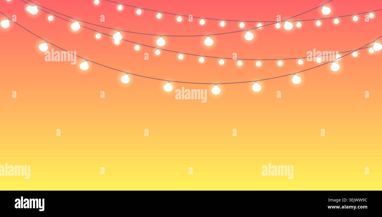 Garland der elektrischen Lichter. Hintergrund des Sonnenuntergangs mit Verlaufsverlauf. Vektordesign. Stock Vektor