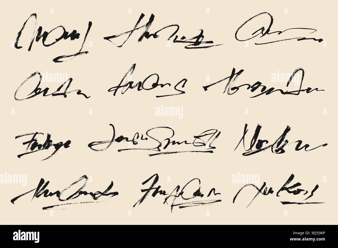 Falsche Signaturen Der Pinselstrichskizze. Grunge handgeschriebene Signaturen Vektorsatz. Strukturierte Autograph-Kollektion mit Tinte und Scribble. Stock Vektor