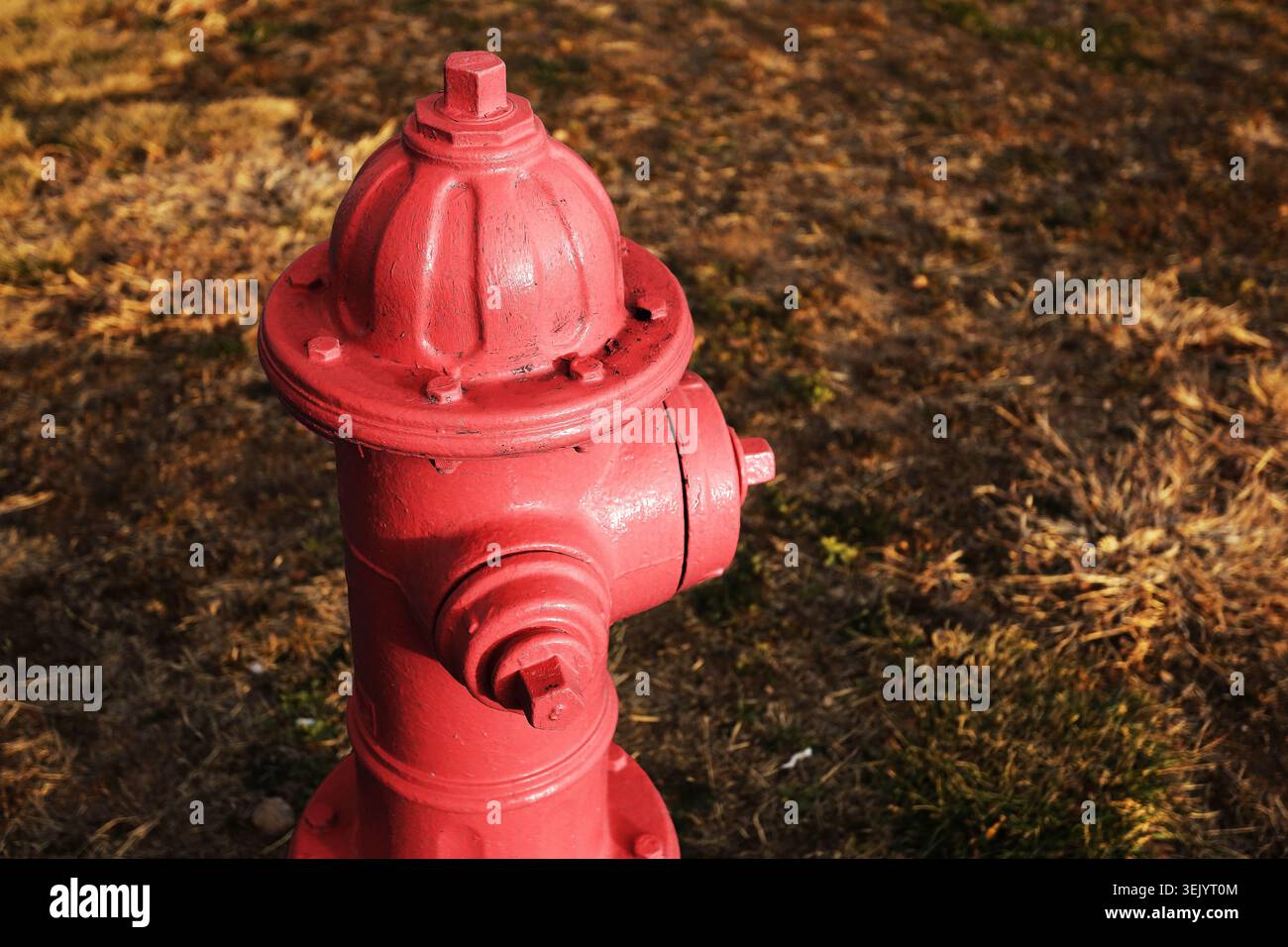 Roter Hydrant steht im Außenbereich. Notfallwasserversorgungsanlagen und Infrastrukturkonzept für die öffentliche Sicherheit. Stockfoto