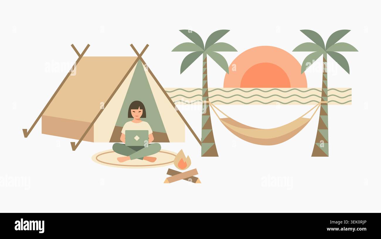 Flache Vektor-Illustration einer jungen Frau, die ferngesteuert auf ihrem Laptop arbeitet, während sie am Strand campt. Verfügt über ein Boho-Zelt, Lagerfeuer. Stock Vektor