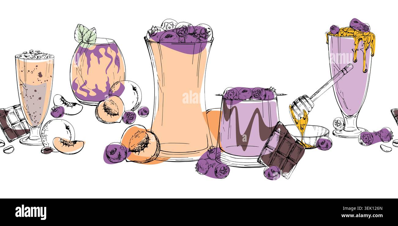Pfirsich- und Heidelbeercremige Getränke, Milchshakes mit Schokoladenstückchen und Honig-Nieseln. Nahtloses Banner Hand gezeichnete Tinte Vektor Kunst. Smoothie-Bar-Verkleidungen Stock Vektor