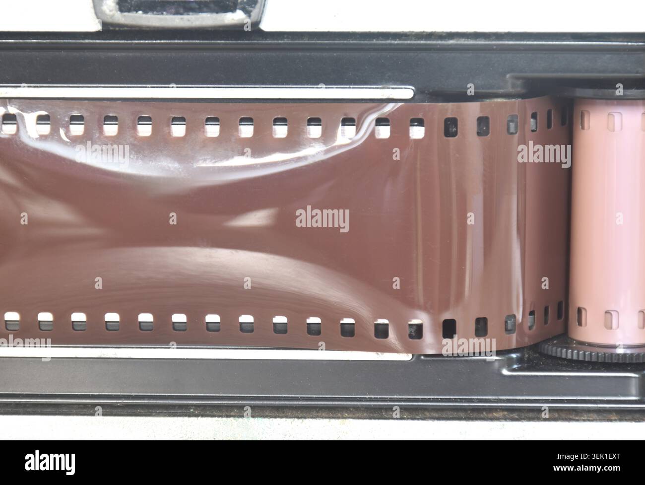 Manuelles Einlegen von Negativfilm auf eine einzelne Linse reflektiert in der hinteren Abdeckung Stockfoto