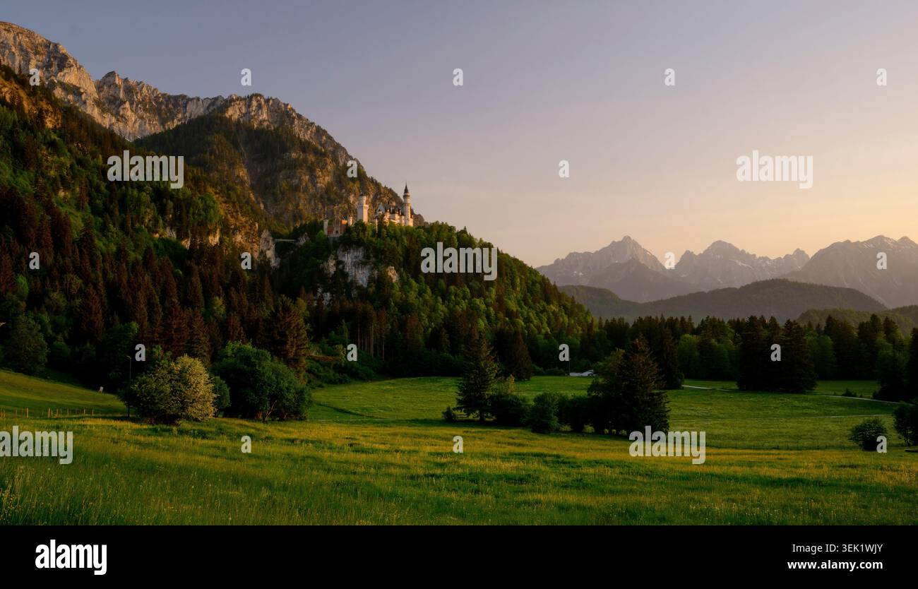Schloss Neuschwanstein in der Abenddämmerung in Bayern, Deutschland, umgeben von bewaldeten Hügeln und den Alpen unter einem warmen Abendhimmel Stockfoto