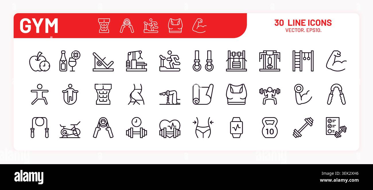 Fitnessstudio-Symbol-Set. Sport fit Ausrüstung, Muskeltraining mit Gewicht, Wasserflasche für Langhantelgesundheit. Bodybuilding Training skizziert Wellness-Aktivitäten, Symbole für gesunden Lebensstil. Abbildung der Vektorlinie Stock Vektor