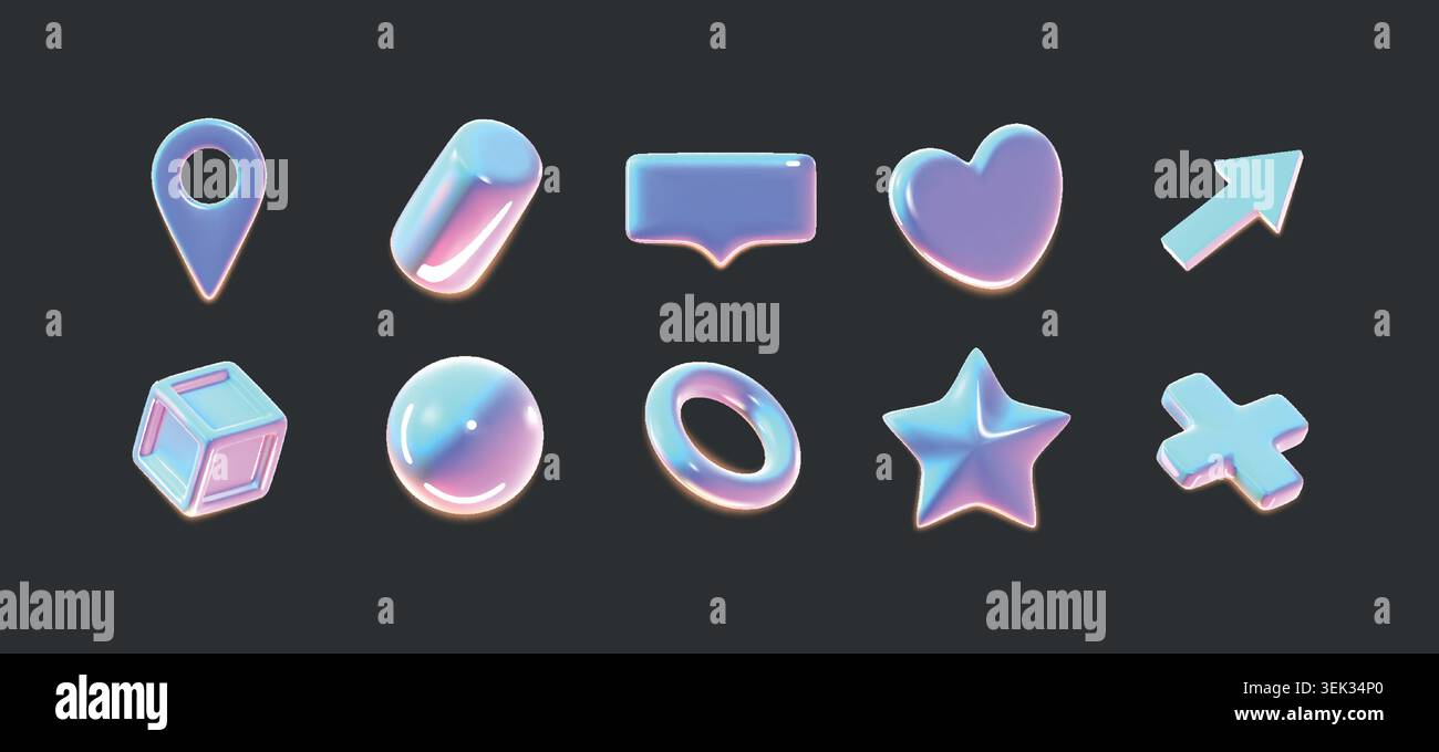 Symbole für 3D-Glas. Holografische y2k-Elemente, Hologramm-Sprachform oder blaue Neonmetall-Emoji, digitale Schnittstellenelemente. Abstrakte Chromobjekte. Hochglanz-Verlaufsherz, Pfeilsymbole. Vektor-isolierter Satz Stock Vektor