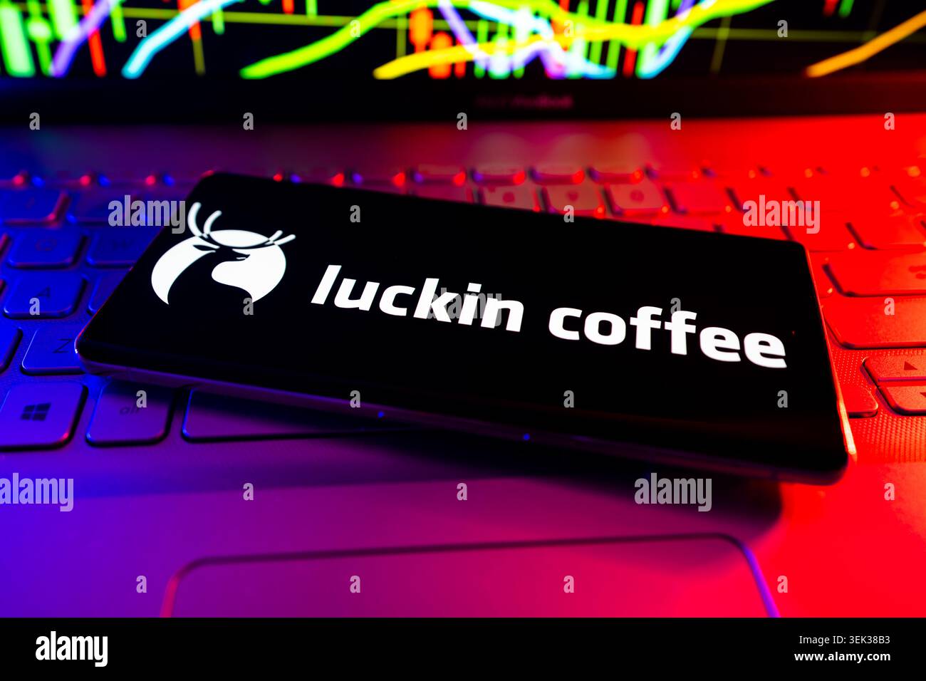 Luckin Coffee Logo Wird Auf Dem Mobiltelefon Mit Hintergrund Des Börsenperformance-Diagramms Und Der Schnittstelle Für Handelsdiagramme Angezeigt Stockfoto