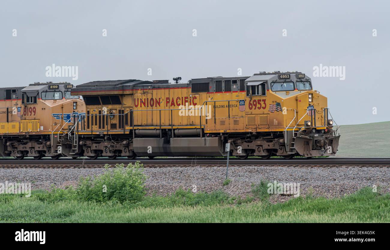 Die Union Pacific Diesellokomotive 6953, eine General Electric AC4460CW, führt einen Zug in Richtung Osten in der Nähe von Westside, Iowa. Stockfoto