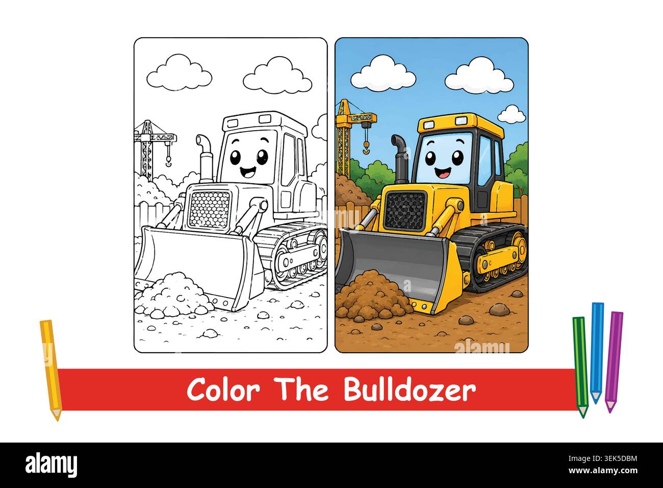 Fun bulldozer coloring book page for kids with cute construction vehicle illustration, perfect for preschool learning and creative activities. Stock Vektor