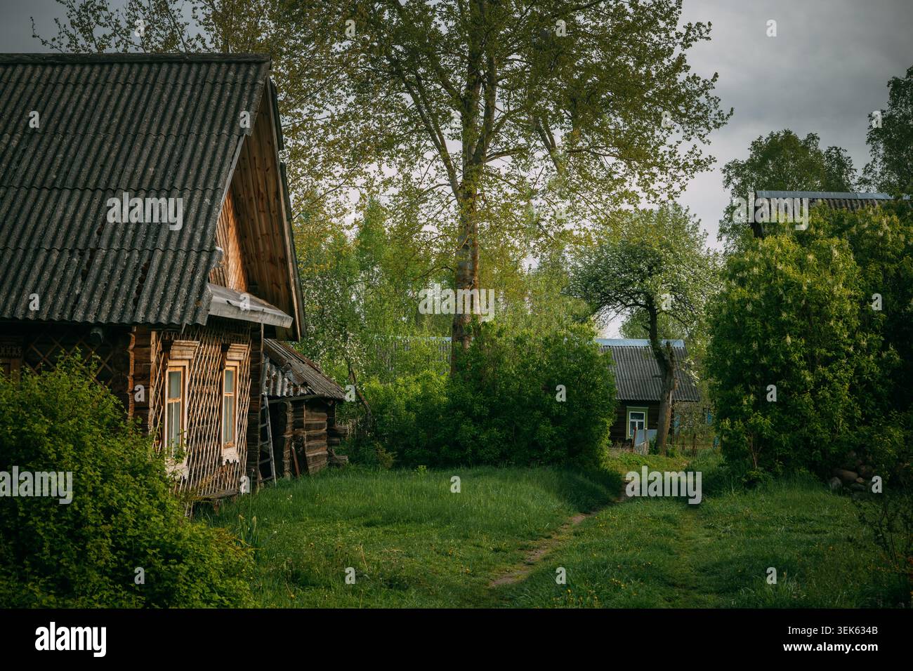 Altes Holzhaus an einer Landstraße in Weißrussland Stockfoto