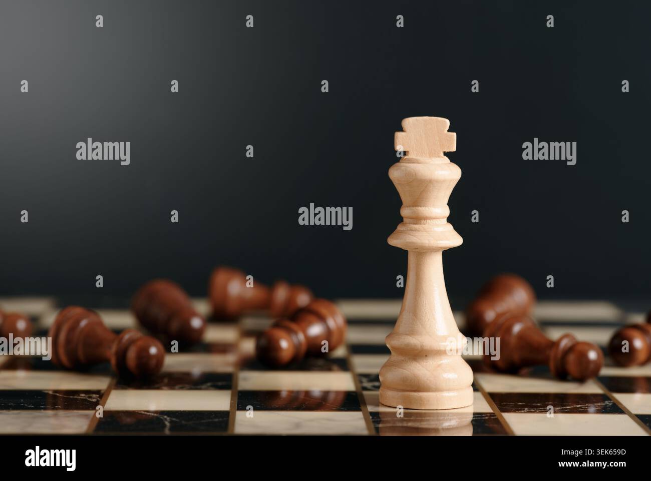 Konzept von Führung, Geschäftsstrategie, Sieg, Sieg und Dominanz mit weißem Schachkönig, der auf einem Schachbrett steht, braune Schachfiguren rund um IT fa Stockfoto