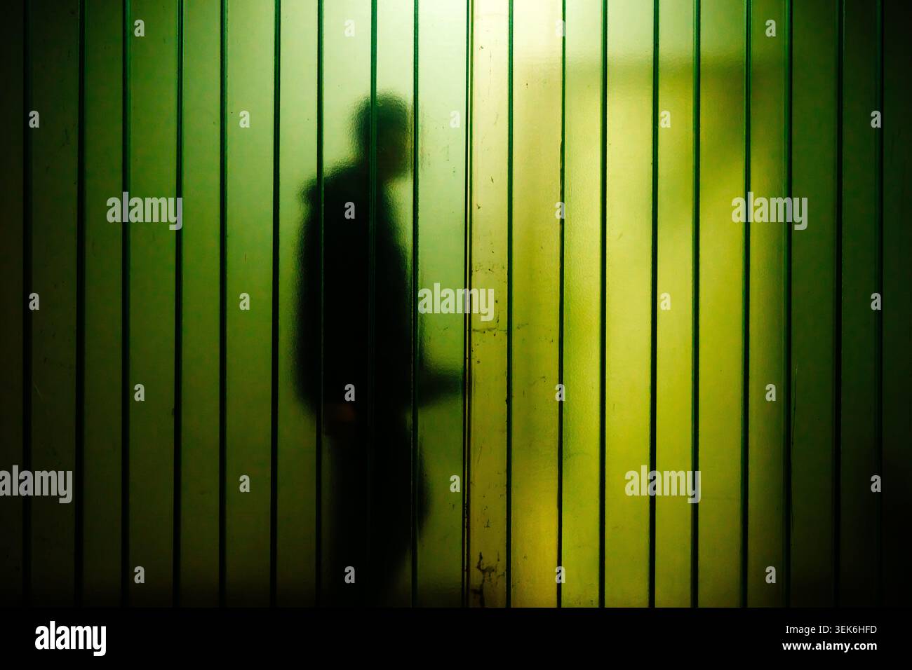 Eine einsame Silhouette steht hinter vertikalen mattierten Glasplatten und erzeugt eine unheimliche, geheimnisvolle Stimmung, die Isolation, Geheimhaltung, Spannung und weckt Stockfoto