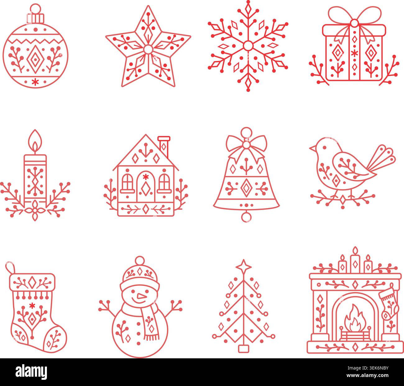 Weihnachtliche Elemente im skandinavischen Folk Linear Style Stock Vektor