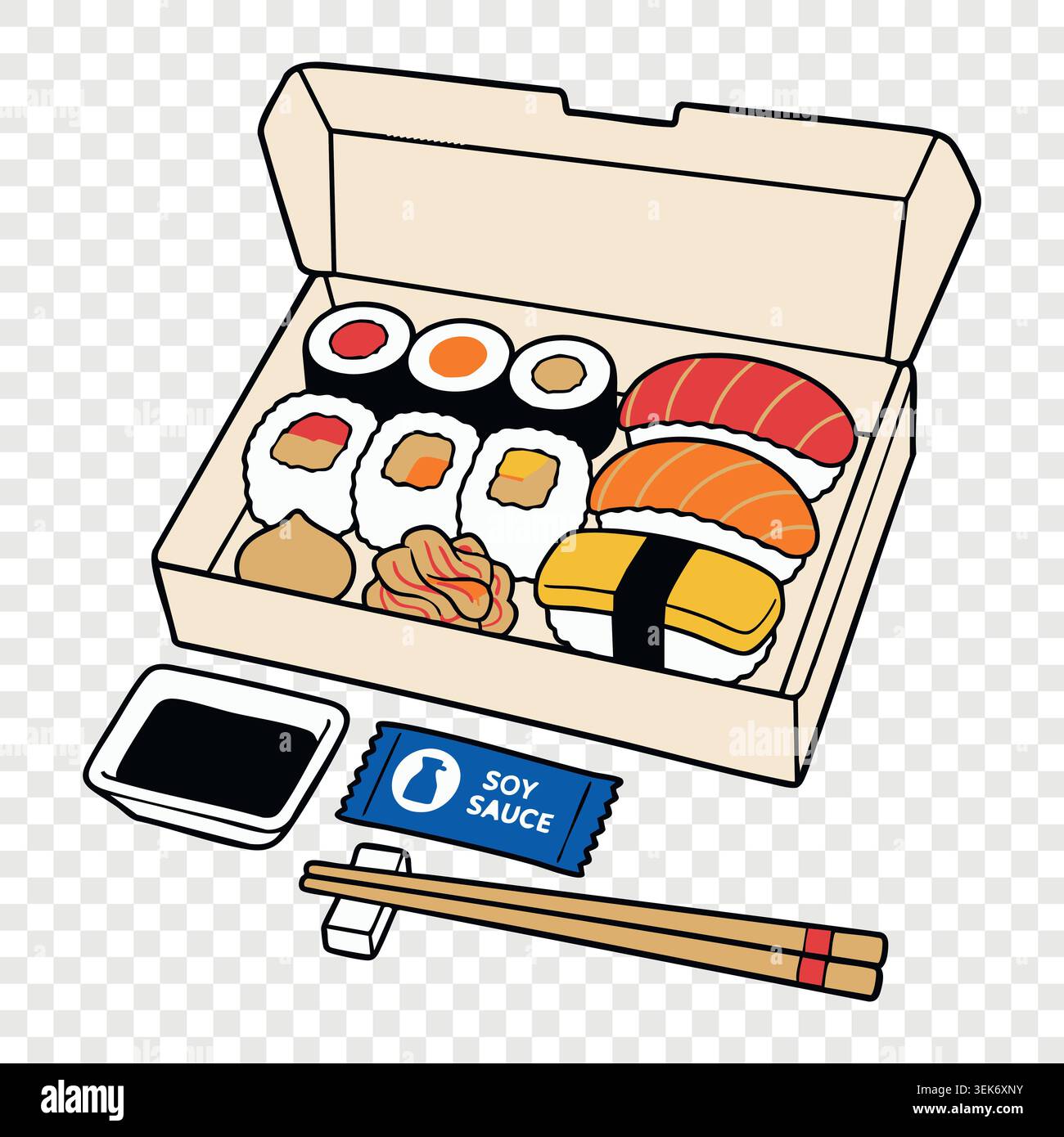 bento-Schachtel zum Mitnehmen gefüllt mit köstlichen Sushi-Brötchen und Nigiri neben Sojasauce-Flasche und Essstäbchen Stock Vektor