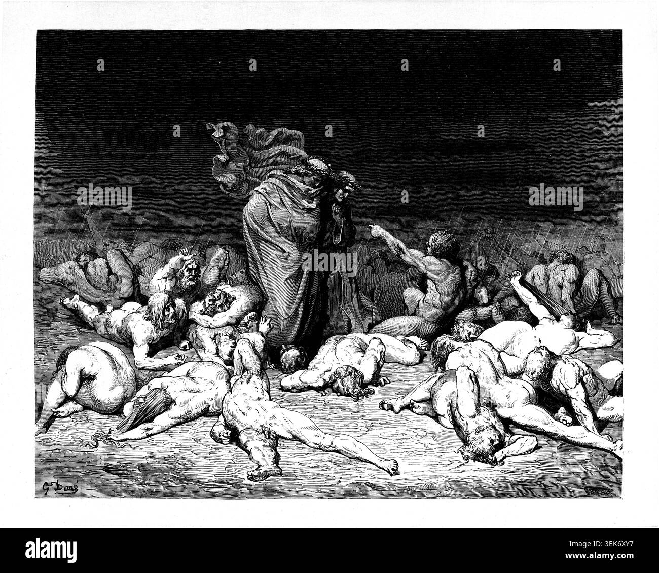 Dante und Virgil durchqueren den dritten Kreis der Hölle, vorbei an gefräßigen Seelen, die sich im Schlamm niederschlagen, unter eisigem Regen, eine dramatische Gravurszene im Gustave Dorestyle-Stil aus Qual und Urteil. Die göttliche Komödie des italienischen Dichters Dante Alighieri aus dem 14. Jahrhundert. 1860 Kunstwerk des französischen Künstlers Gustave Dore und Stich von Stephane Pannemaker aus „die Vision der Hölle“ (1868), Cary's englische Übersetzung des Inferno. Dante schrieb zwischen 1308 und seinem Tod 1321 sein episches Gedicht „Divina Commedia“ (die Göttliche Komödie). Sie besteht aus 14.233 Linien und ist in drei Teile unterteilt (Inferno, Purgatorio und Paradiso) Stockfoto