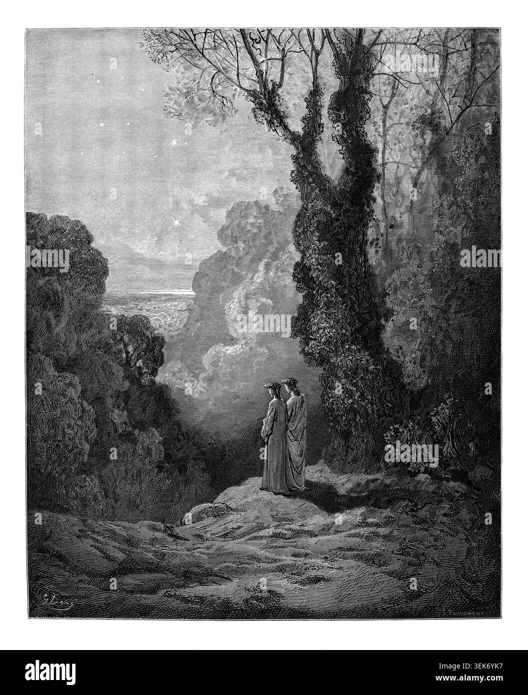 Dante Alighieri und Virgil stehen auf einem zerklüfteten Pfad und blicken auf die ferne Bucht und die beleuchteten Sterne unter einem bewölkten Nachthimmel, die eine Szene aus Purgatorio in der Göttlichen Komödie darstellen. Die göttliche Komödie des italienischen Dichters Dante Alighieri aus dem 14. Jahrhundert. 1860 Kunstwerk des französischen Künstlers Gustave Dore und Stich von Stephane Pannemaker aus „die Vision der Hölle“ (1868), Cary's englische Übersetzung des Inferno. Dante schrieb zwischen 1308 und seinem Tod 1321 sein episches Gedicht „Divina Commedia“ (die Göttliche Komödie). Es besteht aus 14.233 Linien und ist in drei Teile (Inferno, Purgatorio und Paradiso) unterteilt Stockfoto