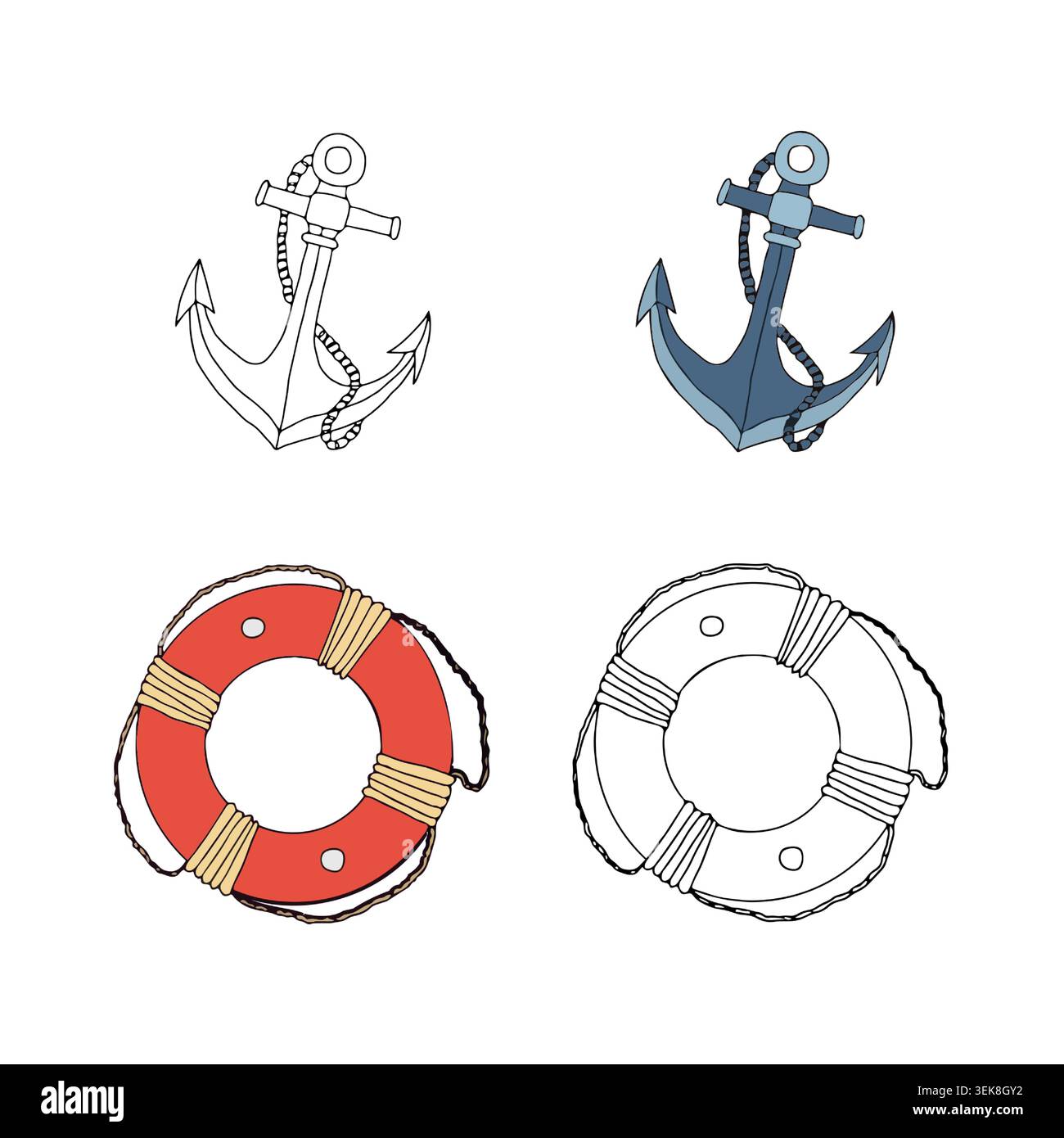 Nautischer Anker und roter weißer Rettungsring. Vektorgrafik handgezeichnete Illustration für Meeresthemen, Sommerdesigns, Küstenlogos, maritim Stock Vektor