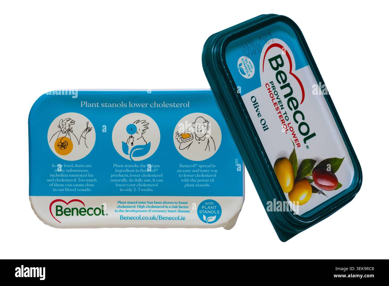Eine Wanne aus Benecol-Olivenöl senkt nachweislich den Cholesterinspiegel mit pflanzlichen Stanolen, die auf weißem Hintergrund isoliert sind Stockfoto