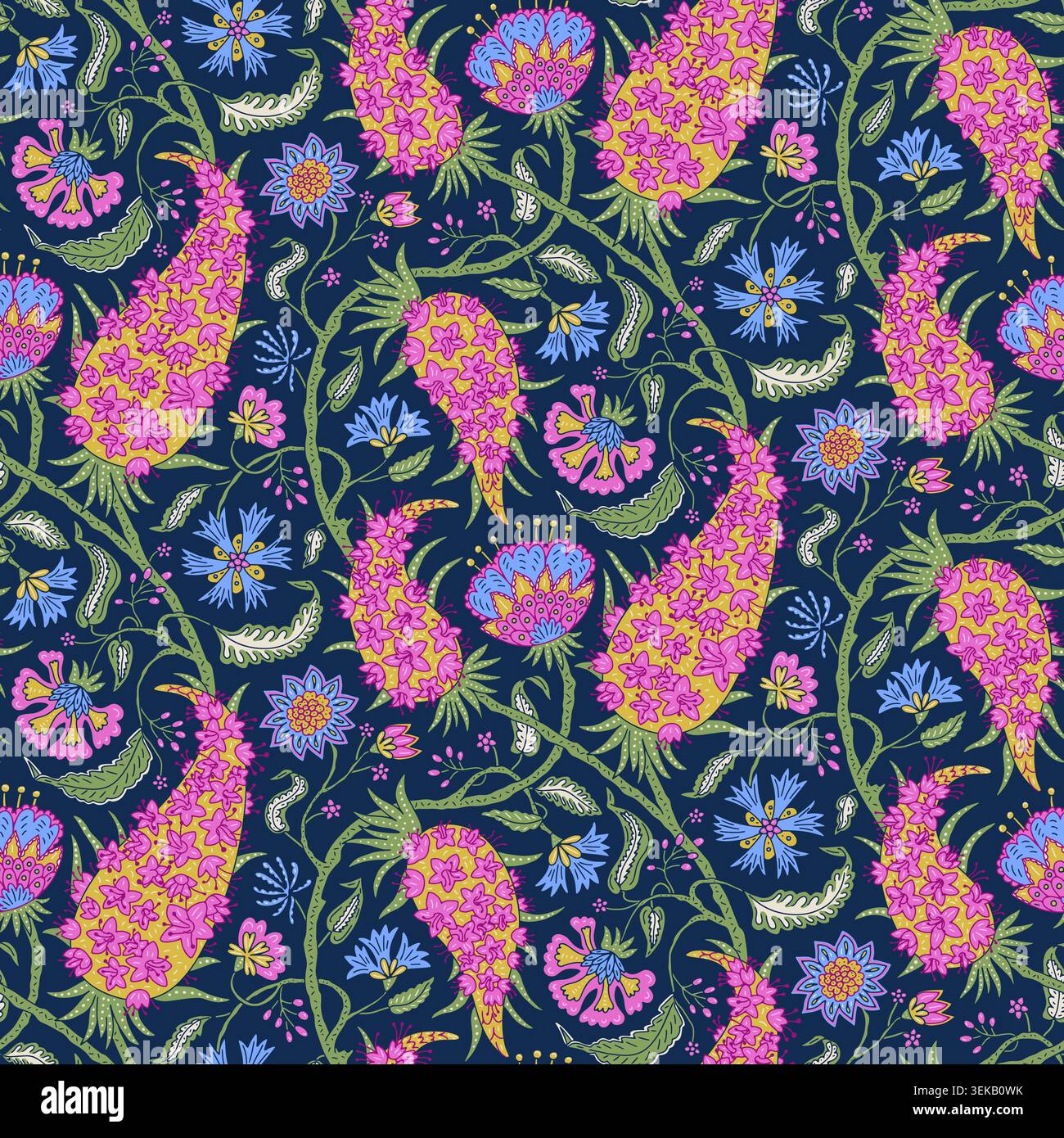 Lebendiges, nahtloses jakobinisches Blumenmuster mit volkstümlichen botanischen Motiven. Vintage Paisley blüht und nachlaufende Reben in Magenta auf marineblauem Hintergrund Stock Vektor